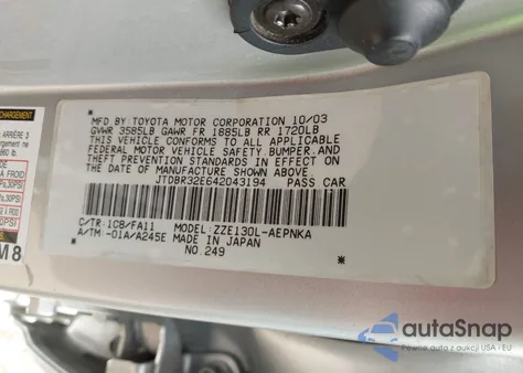 2004 Toyota Corolla Le z USA, uszkodzony, nr VIN JTDBR32E642043194